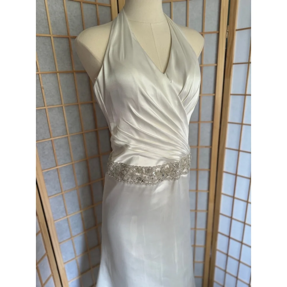 GALINA SIGNATURE NWT womens ivory ruched bodice charmeuse halter bridal gown